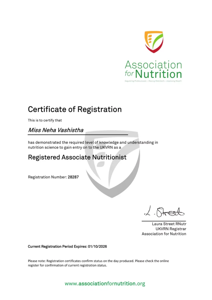 anutr certificate to nutritionist neha vashistha